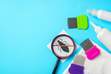Anti lice equipment on blue background top view