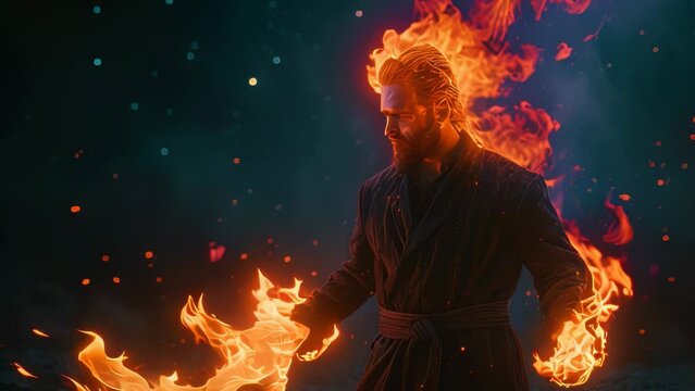 Video animation of person standing with one arm extended forward, emitting fire from the hand. The background is dark, and there are embers and flames surrounding the figure