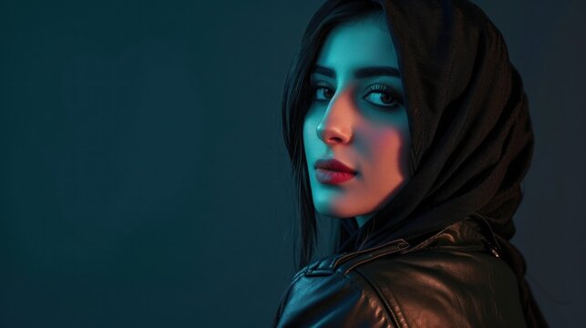 Portrait of a beautiful young woman in a leather jacket on a dark background.
