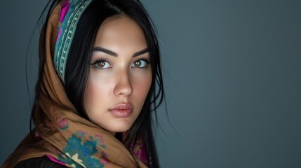 Close up portrait of a beautiful young woman wearing a headscarf.