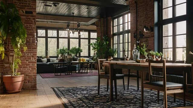 Video animation of inviting interior space with a rustic and cozy aesthetic. Large windows allow natural light to flood the room, highlighting the exposed brick walls and wooden floor