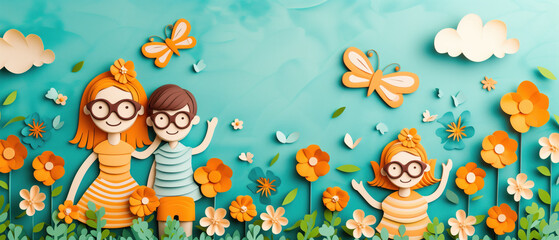 Cartoon family in a flower field with butterflies.