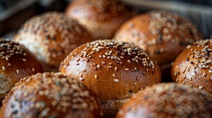 Close-up top view of multigrain burger buns, showcasing seeds and grains, ideal for healthy burger options, studio lighting, isolated