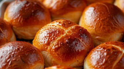 Close-up top view of golden Brioche buns, emphasizing their rich, buttery texture and slight sweetness, perfect for burger ads, isolated