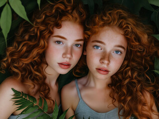 Two young girls with curly hair posing in the leaves.