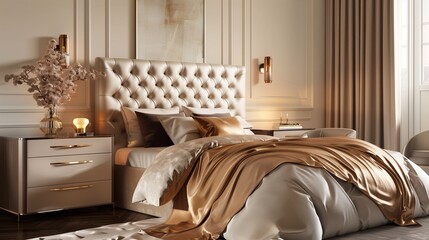 A bedroom with a chic, tufted headboard, a modern nightstand, and a luxurious, silk throw blanket