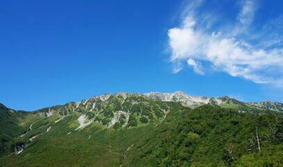 よく晴れた青空と立山の風景