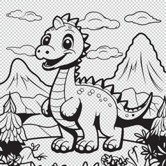 Cartoon dinosaur and landscape for kids coloring book, simple vector illustration on transparent background