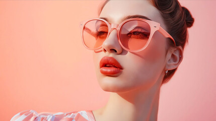 A woman wearing pink sunglasses and a pink background.