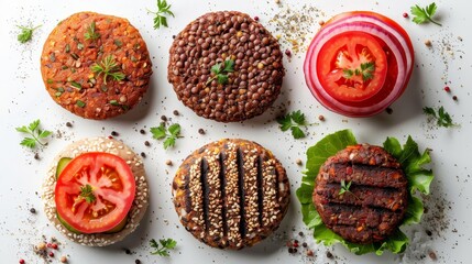 Close-up top view of assorted plant-based burger patties, including lentil and vegetable blends, isolated on a clean background, studio lighting