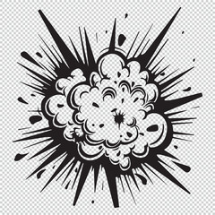 Simple and minimalistic line art cartoon explosion icon, black vector illustrations on transparent background