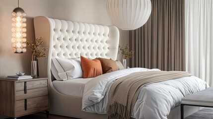 A bedroom with a chic, tufted headboard, a modern nightstand, and a unique pendant light