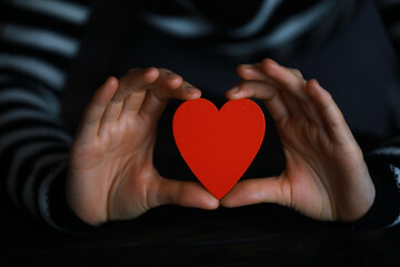 Hands of a woman holding and offering a heart shape. Love, health concept. Selective focus.Cinematic effect.