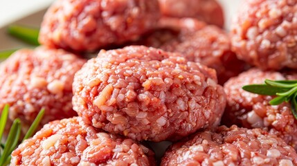 Close-up shot of raw ground turkey, emphasizing its lean, healthy appearance and suitability for seasoned turkey burgers, isolated background