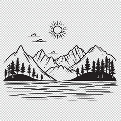Cartoon line art mountains and lake landscape, black vector illustration on transparent background