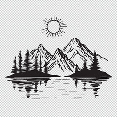 Cartoon line art mountains and lake landscape, black vector illustration on transparent background