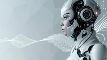 Obraz premium sophisticated female robot with polygonal abstract background and wave lines. perfect future robot