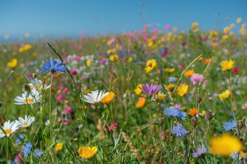 Vibrant Spring Meadow Blooming with Colorful Wildflowers Under a Clear Blue Sky, Generative AI
