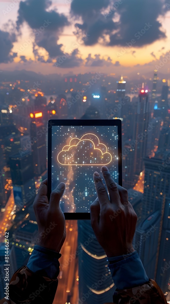 Poster professional using tablet to access cloud based applications with city skyline background