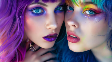 Naklejka premium Two women with colorful hair and makeup.