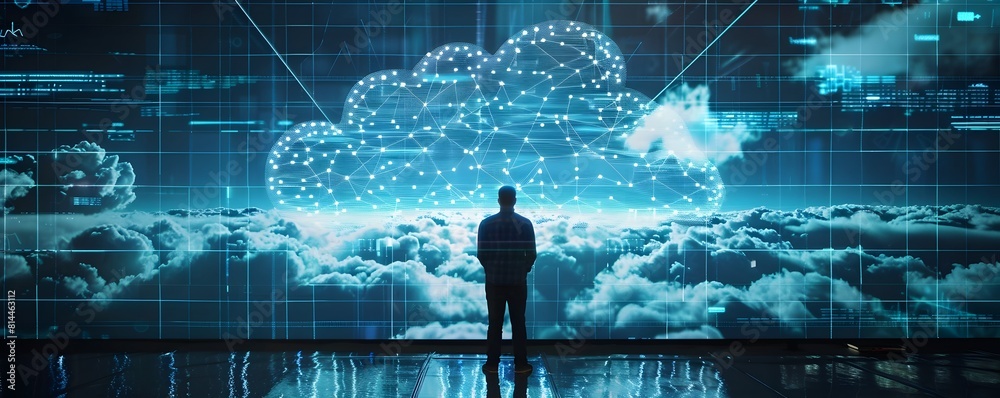 Poster Data Scientist Visualizing Big Data from Cloud Sources on Interactive Wall Screen in Data Analytics Concept
