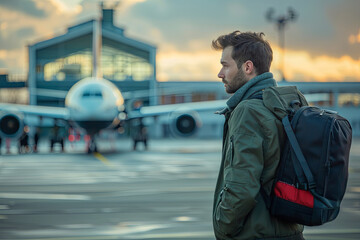 man traveler with luggage looking at the airplane
