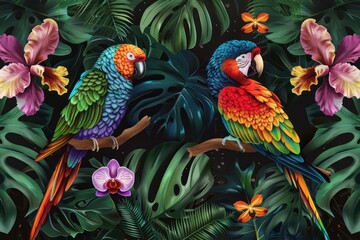 Vibrant Gathering of Colorful Parrots Among Exotic Orchids in the Jungle, Generative AI