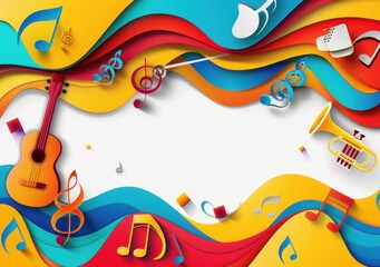 Vibrant Abstract Paper Cut Art with Musical Instruments and Flowing Colors - Generative AI