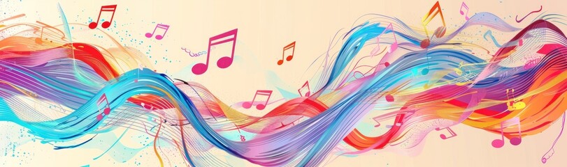 Vibrant Flow of Colorful Music Notes and Waves in a Harmonious Design - Generative AI