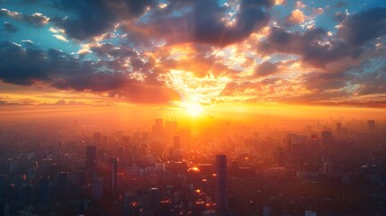 Fototapeta premium Vibrant Sunrise Over Bustling Cityscape Symbolizing New Opportunities and a Fresh Start for the Future