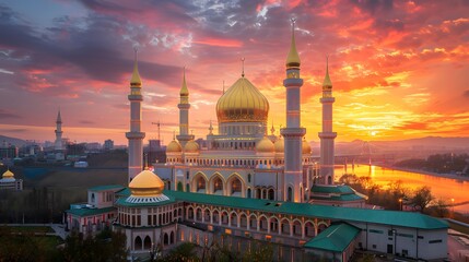 Fototapeta premium Photograph of mosques with golden domes and tall minarets under a clear sky Ai Image