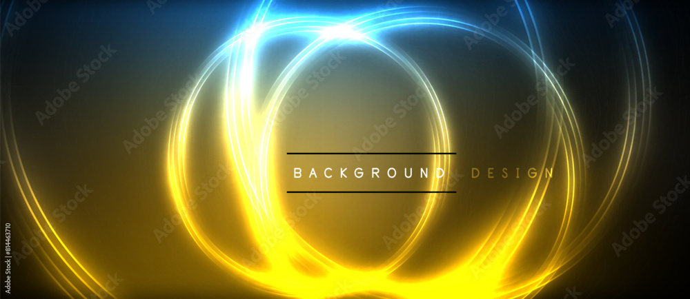 Poster an electric blue and yellow glowing circle resembling an astronomical object on a dark background, w