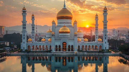 Photograph of mosques with golden domes and tall minarets under a clear sky Ai Image