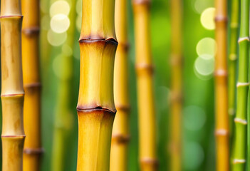 Golden bamboo shoots against a blurred background, emphasizing the natural beauty and texture of bamboo
