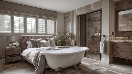 A bedroom with a luxurious en-suite bathroom featuring a freestanding tub and marble tiles