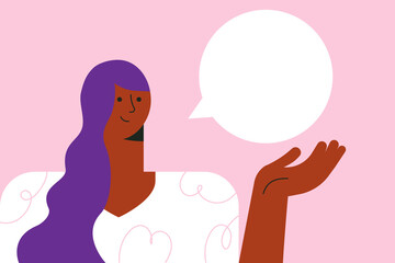 Woman with a blank empty speech bubble. Expressing opinion, communication. Portrait of a beautiful girl talking, saying. Female face. Trendy flat vector illustration in pink, violet