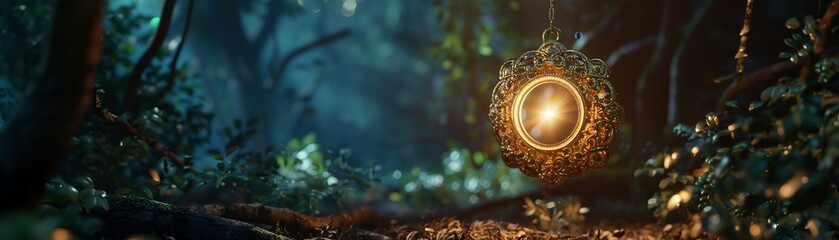 Mystical Amulet, Glowing Pendant, Intricate design, Hidden in enchanted forest, 3D render, Spotlight, Motion Blur