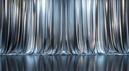 Silver metallic curtains on a glossy stage. Shiny silver drapes present a sleek and modern look, perfect for contemporary stage designs or glamorous events
