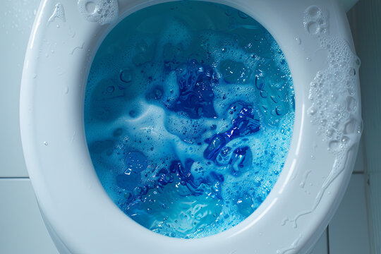 Top view of toilet bowl, blue detergent flushing in it
