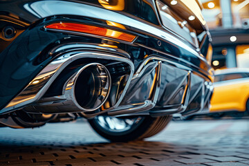 Obraz premium Sportive mufflers. Oval or round Car Exhaust Tailpipe chromed made of stainless steel on powerful sport car bumper. Exhaust silencer, metal fittings and pipes for the muffler 