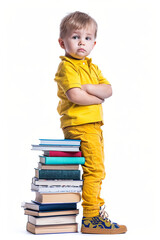 cute little boy look empty space lean on books pile wear trendy yellow clothes isolated on white background
