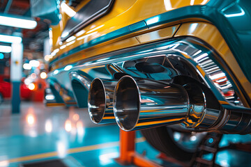 Sportive mufflers. Oval or round Car Exhaust Tailpipe chromed made of stainless steel on powerful sport car bumper. Exhaust silencer, metal fittings and pipes for the muffler
