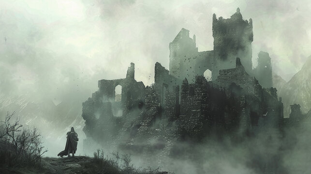 Time Traveler, Medieval armor, The ruins of a castle, Foggy, Photography, Silhouette Lighting, Vignette