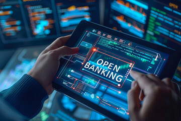 Fototapeta premium Open banking financial technology fintech concept, Business person working on tablet with open banking icon on virtual screen, with writing 