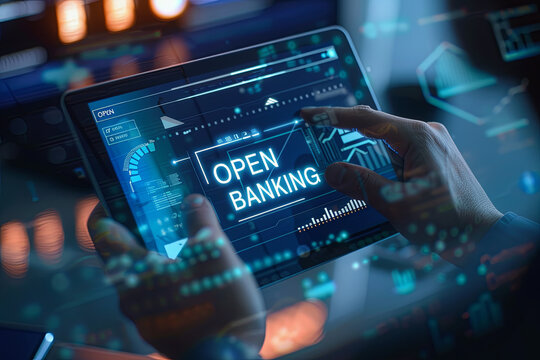 Open banking financial technology fintech concept, Business person working on tablet with open banking icon on virtual screen, with writing " OPEN BANKING "
