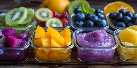 Glass baby food containers with homemade purees and fruits on wooden surface. Concept Food Photography, Homemade Baby Food, Glass Containers, Organic Fruits, Wooden Background