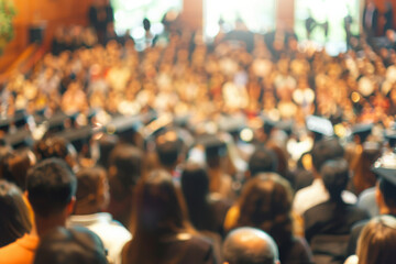 Fototapeta premium Graduation Ceremony with Blurred Effect: Show a diverse crowd at a graduation ceremony, with a blurred effect creating a soft background, leaving space for graduation-themed designs or text overlays.