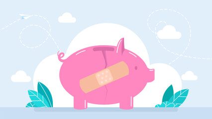 Broken pink piggy bank with patch spot. Handling financial stress creative idea. Economic Recovery. Stick Patch on Broken Piggy Bank. Flat style. Vector illustration