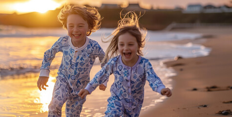 A young boy and girl wearing pajamas, running on the beach at sunset.