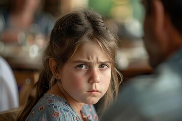 Closeup of the little girls anguished expression as she listens to the harsh words exchanged between her parents, her heart breaking with each hurtful remark
